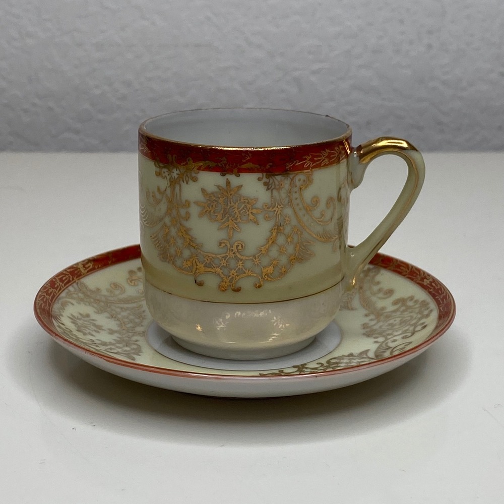 Ishihara China Cup and Saucer Set Cream Gold Red Floral Made in Occupied‎ Japan